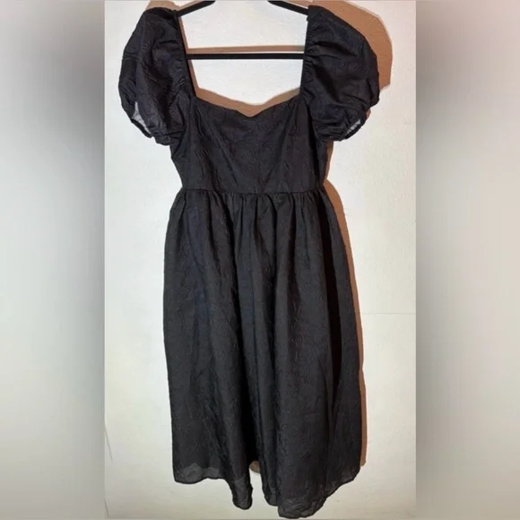 Lulus NWT “Adorable Mood” Black Floral Jacquard Puff Sleeve Babydoll Dress Large - Picture 10 of 16